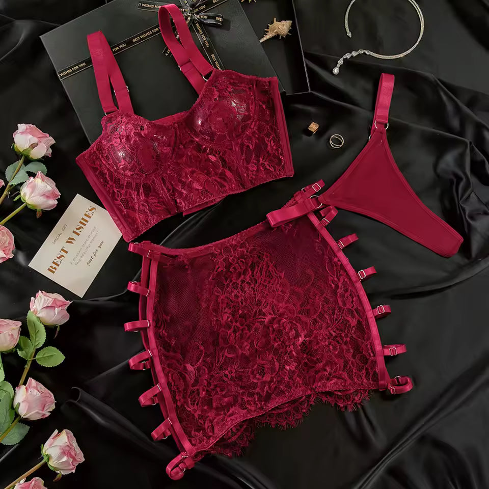 Ellolace Sensual Lace Lingerie Set with Garter