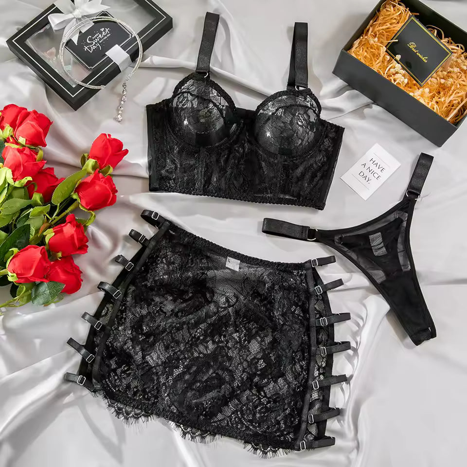 Ellolace Sensual Lace Lingerie Set with Garter