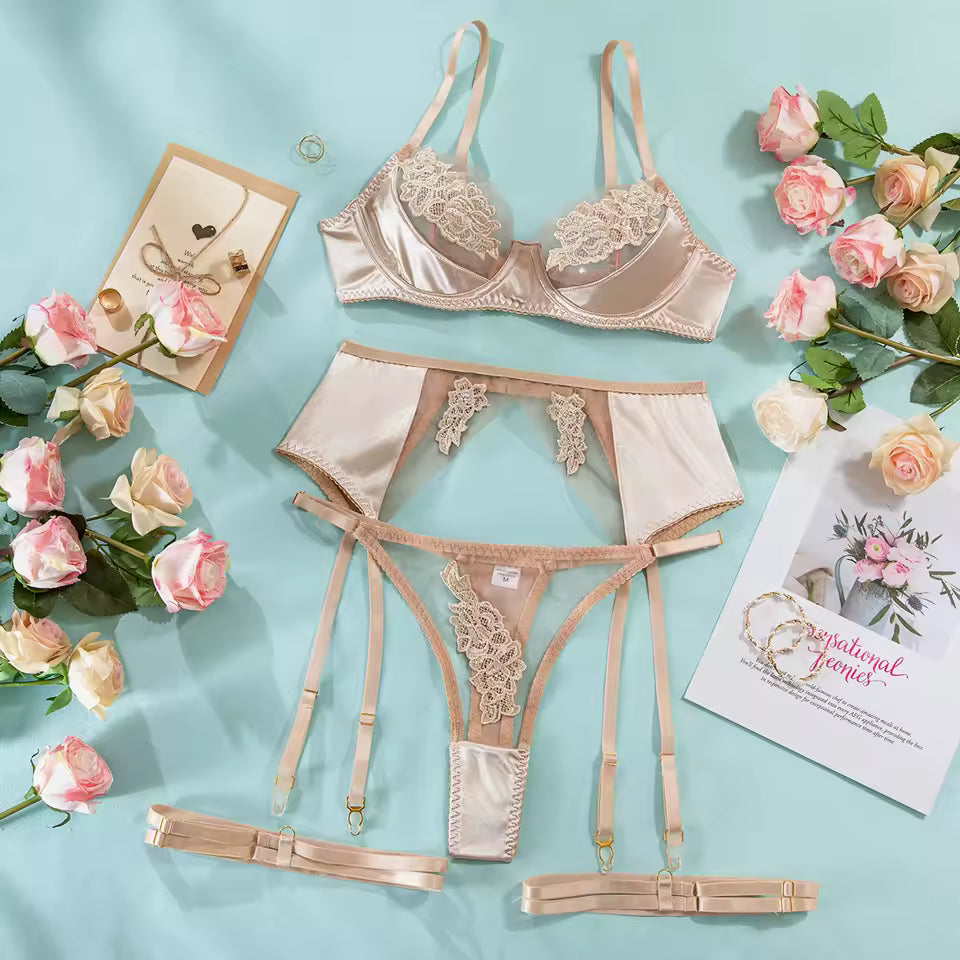 Ellolace Floral Lace Lingerie Set with Suspenders.