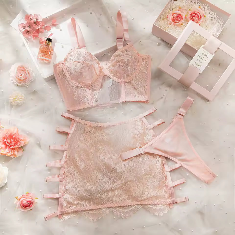 Ellolace Sensual Lace Lingerie Set with Garter